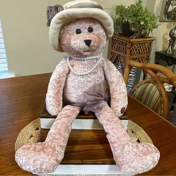 Vintage Chantilly Lane PBC LOVE PLUSH Pink Velvet Stuffed Bear Hat and Necklace - Picture 2 of 16